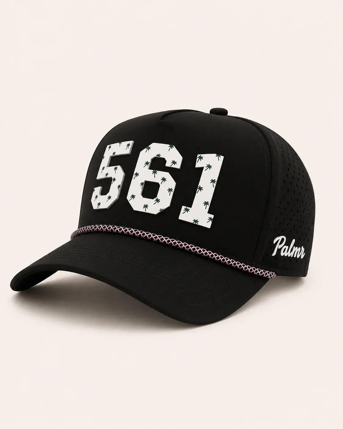 Black cap with '561' and 'Palmer' text on a light beige background