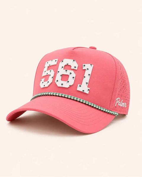 The 561 Signature Hat (Pink): pink rope snapback with 561 in white palm-print letters, green and white rope, perforated sides, Palmr script.