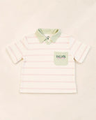 The Cabana Pink Stripe Top soft micro-terry cloth cream base with pink stripes and palm green collar in relaxed fit