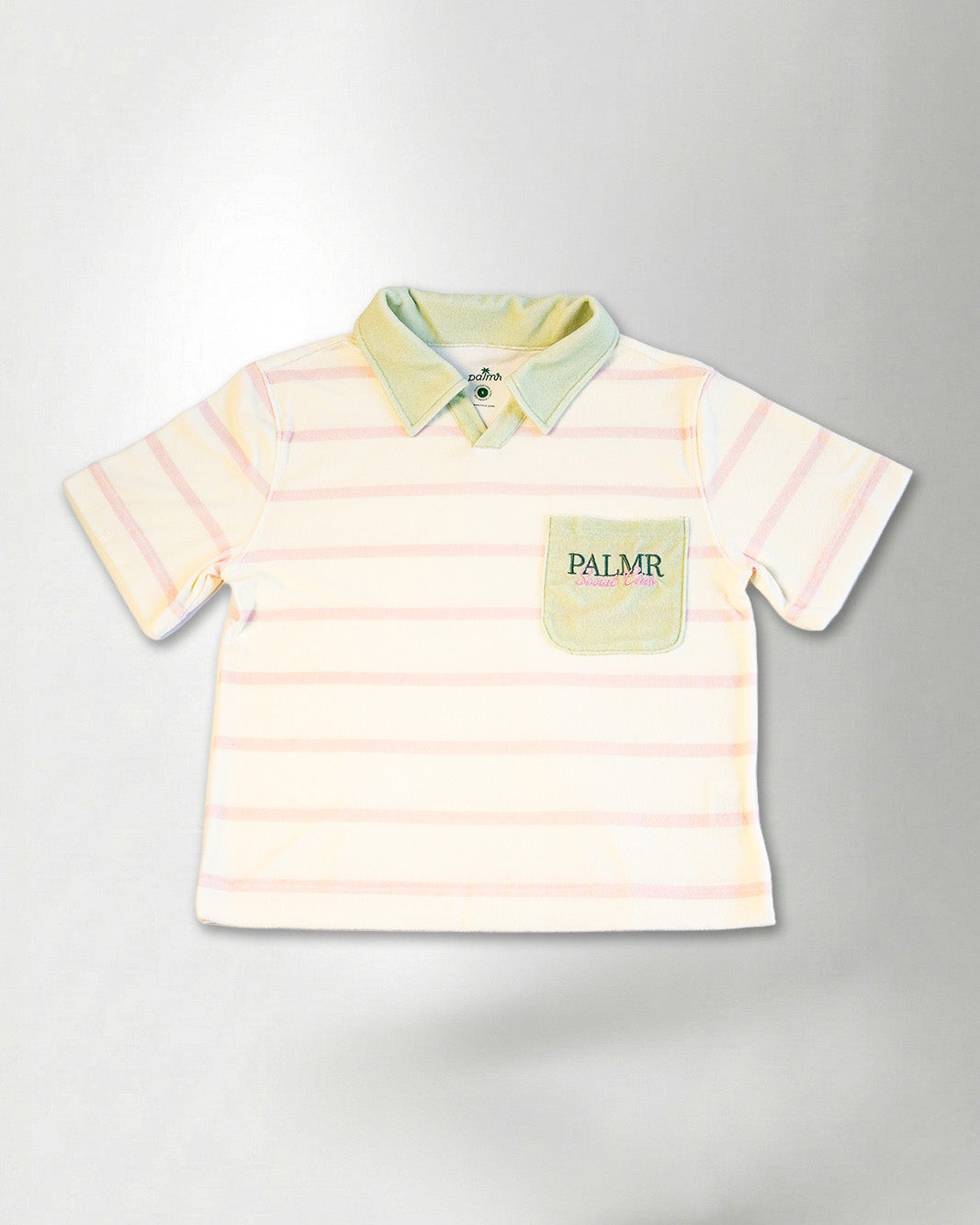 Striped polo shirt with a brand logo on a white background