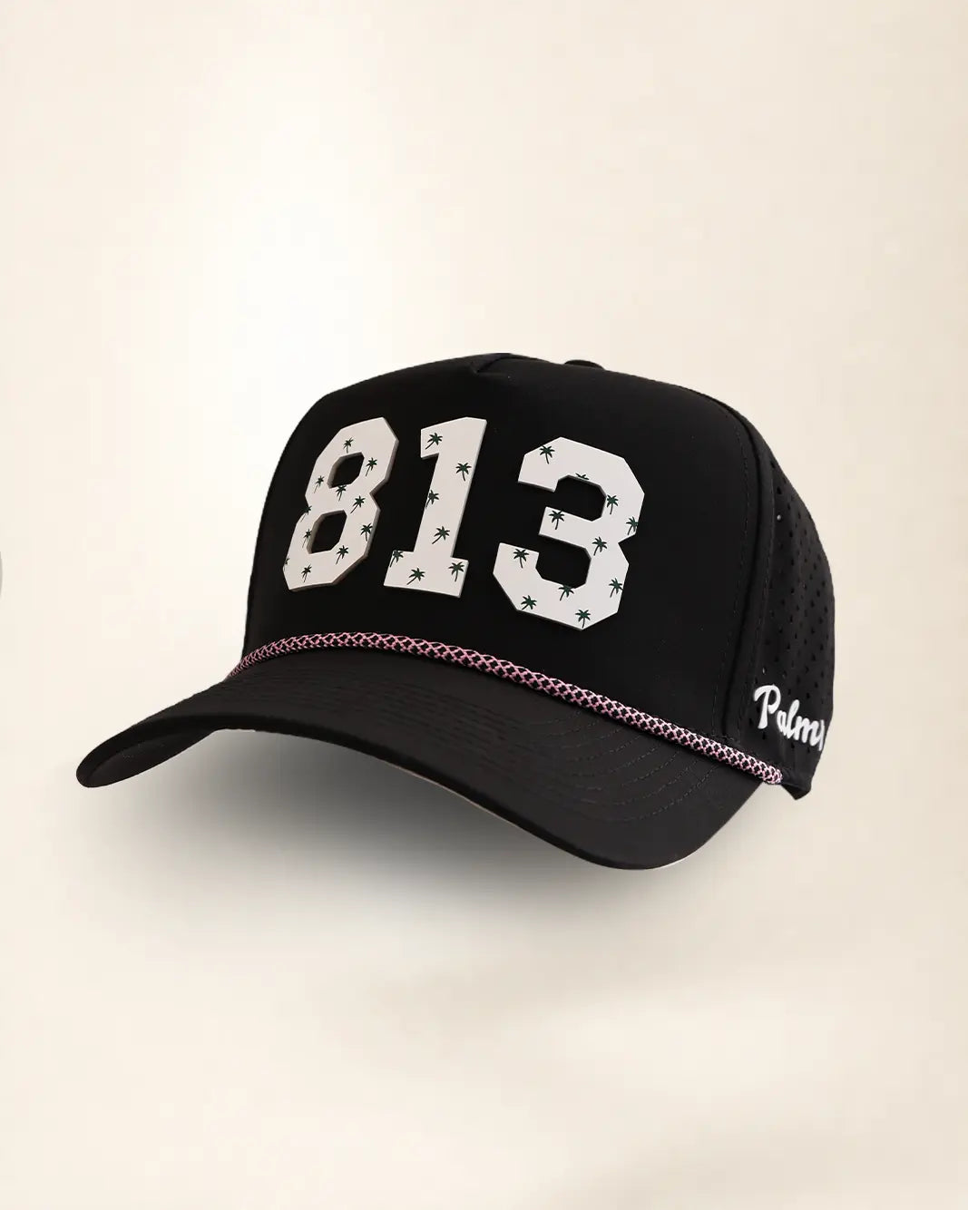 Black 813 hat with palm design, water-resistant and stylish for Florida heat