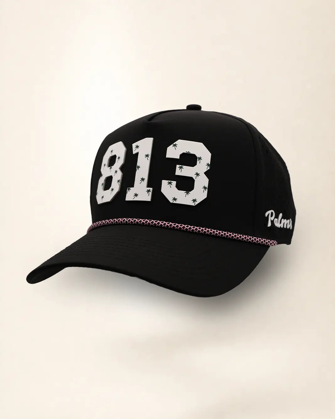 Black 813 hat with palm design, water-resistant and stylish for Florida heat