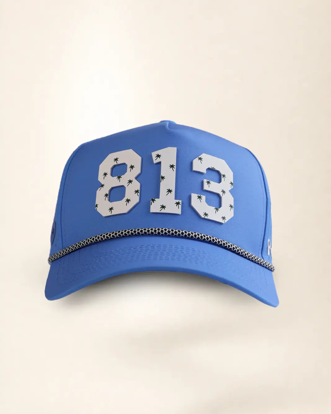 Blue 813 hat with palm design, water-resistant and stylish for Florida heat