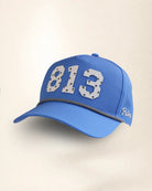 Blue 813 hat with palm design, water-resistant and stylish for Florida heat