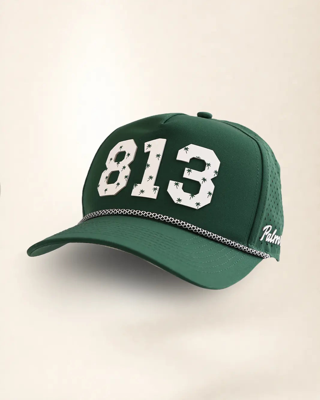 Green 813 hat with palm design, water-resistant and stylish for Florida heat