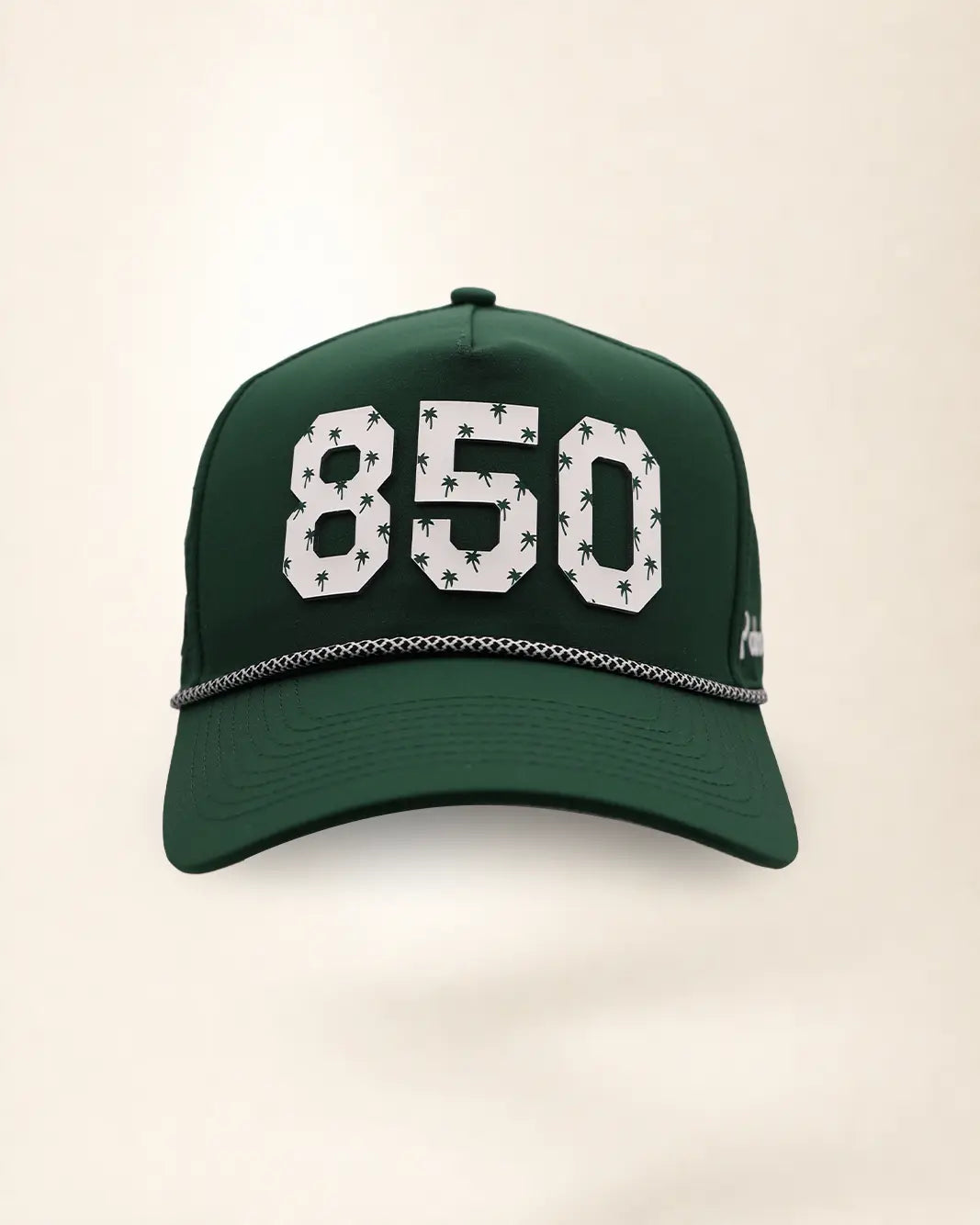 The 850 Signature Hat (Green): dark green rope snapback, white 850 with small green palm trees, black and white braided rope, perforated sides.