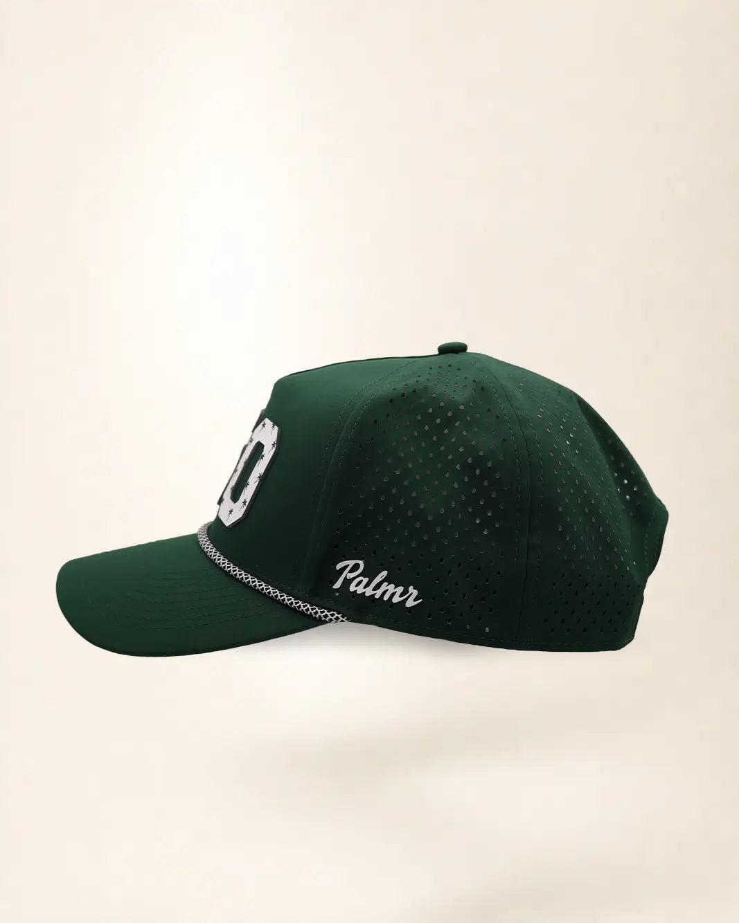 The 850 Signature Hat (Green): dark green rope snapback, white 850 with small green palm trees, black and white braided rope, perforated sides.
