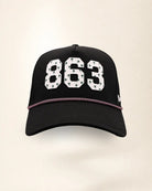 The 863 Signature Hat (Black), front view: white raised 863 with small palm print on a black crown, pink and white rope along the brim.