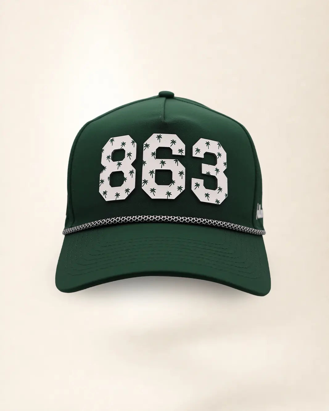 The 863 Signature Hat (Green): dark green rope snapback, white 863 with small green palm trees, black and white braided rope, perforated sides.