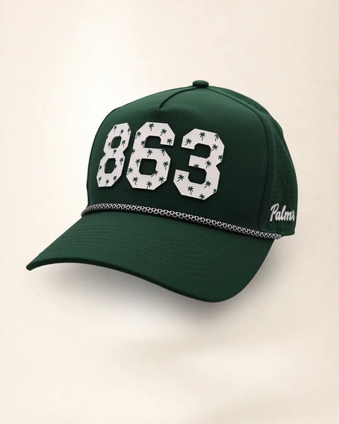 The 863 Signature Hat (Green): dark green rope snapback, white 863 with small green palm trees, black and white braided rope, perforated sides.