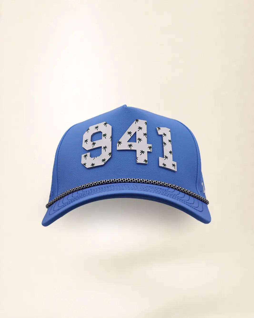 The 941 Signature Hat (Blue), front view: white raised 941 with small palm print on a blue crown, black and white rope along the brim.