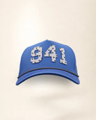The 941 Signature Hat (Blue), front view: white raised 941 with small palm print on a blue crown, black and white rope along the brim.
