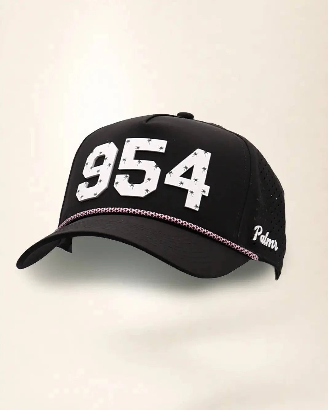 Black 954 hat with palm design, water-resistant and stylish for Florida heat