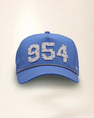 Blue 954 hat with palm design, water-resistant and stylish for Florida heat
