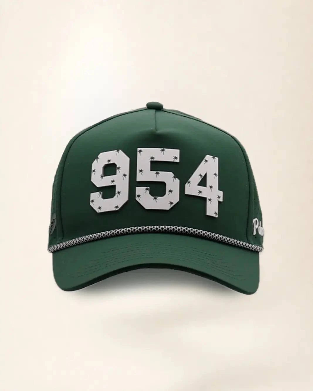 Green 954 hat with palm design, water-resistant and stylish for Florida heat