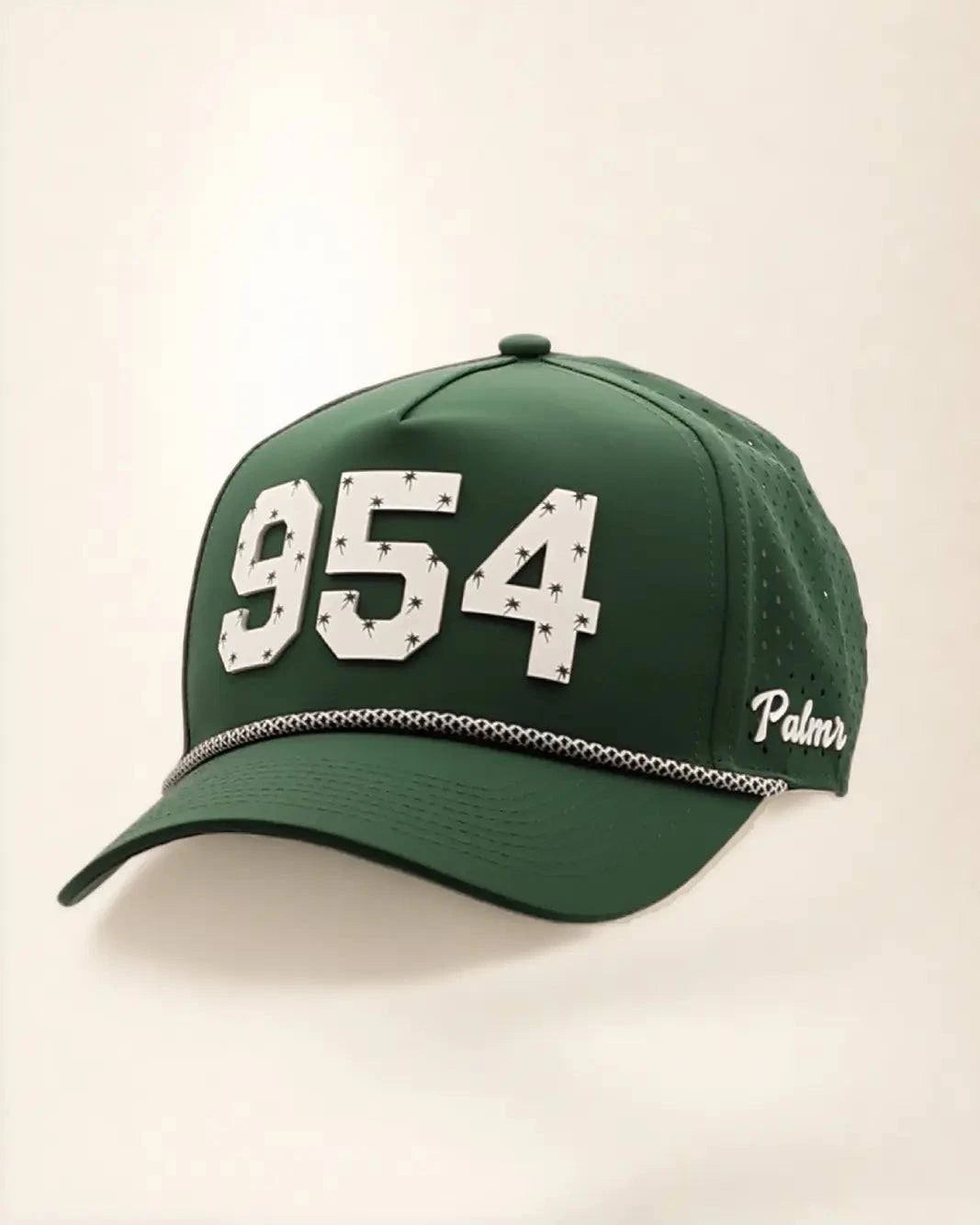 Green 954 hat with palm design, water-resistant and stylish for Florida heat
