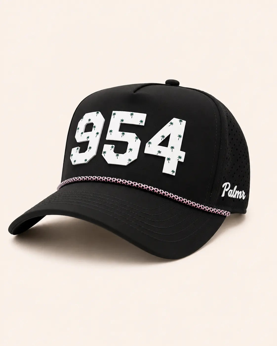 Black cap with '954' and 'Palmer' text on a beige background
