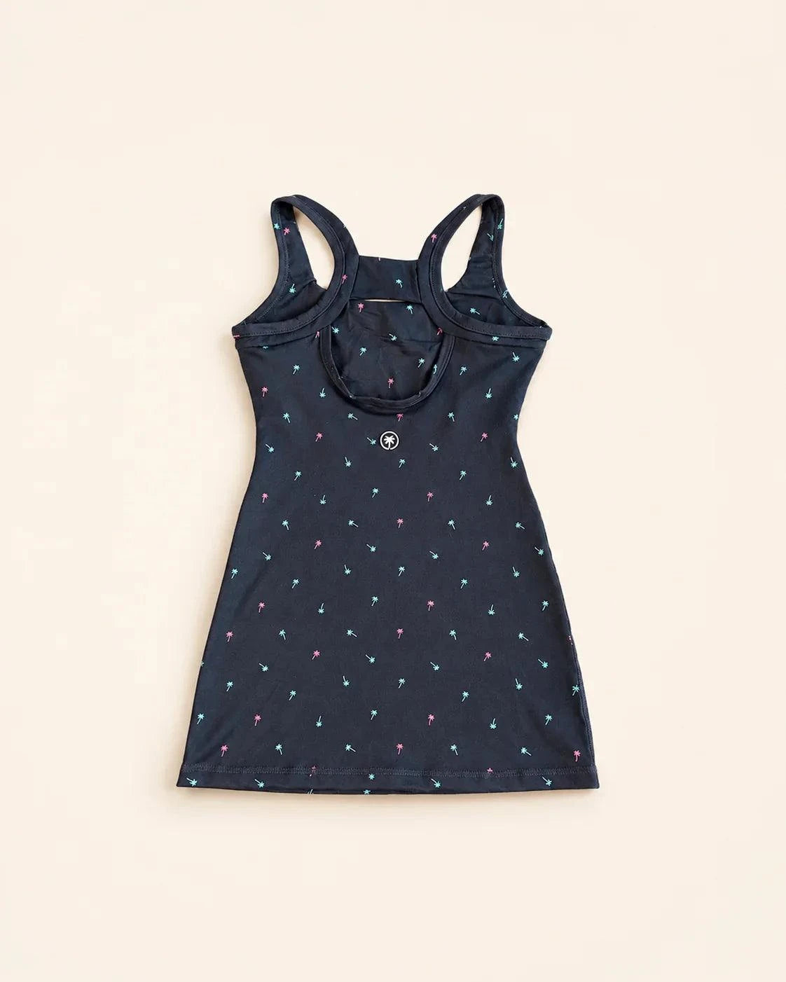 Ace Kids Dress Palm Icon Night with dark charcoal base and pink teal palm print