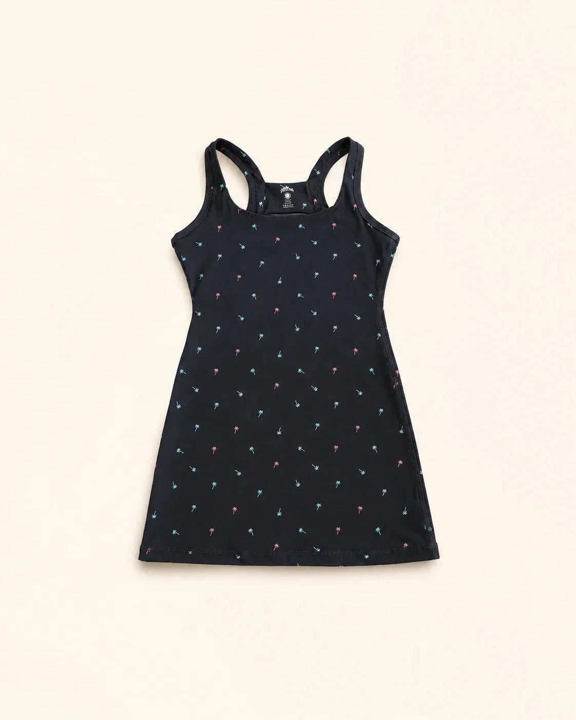 Child wearing Ace Kids Dress in Palm Icon Night with mini palm print on dark charcoal fabric