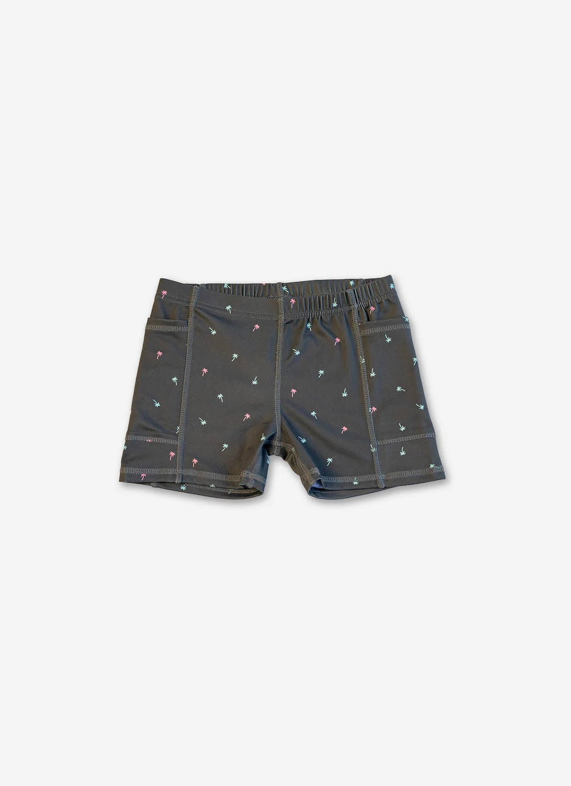 Dark gray shorts with small white patterns on a light gray background
