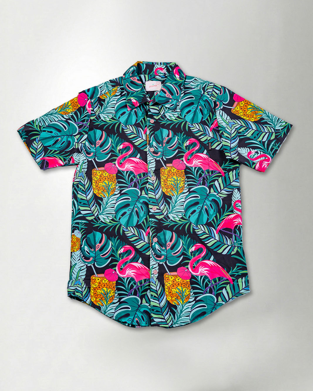 Palmr Style Baha Palm botton up short sleeve hawaiian shirt Mens Black Green Palm Leaf Flamingo Pineapple beach Resort wear Self-Care Sunglasses cleaner