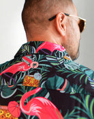 Palmr Style Baha Palm botton up short sleeve hawaiian shirt Mens Black Green Palm Leaf Flamingo Pineapple beach Resort wear Self-Care Sunglasses cleaner