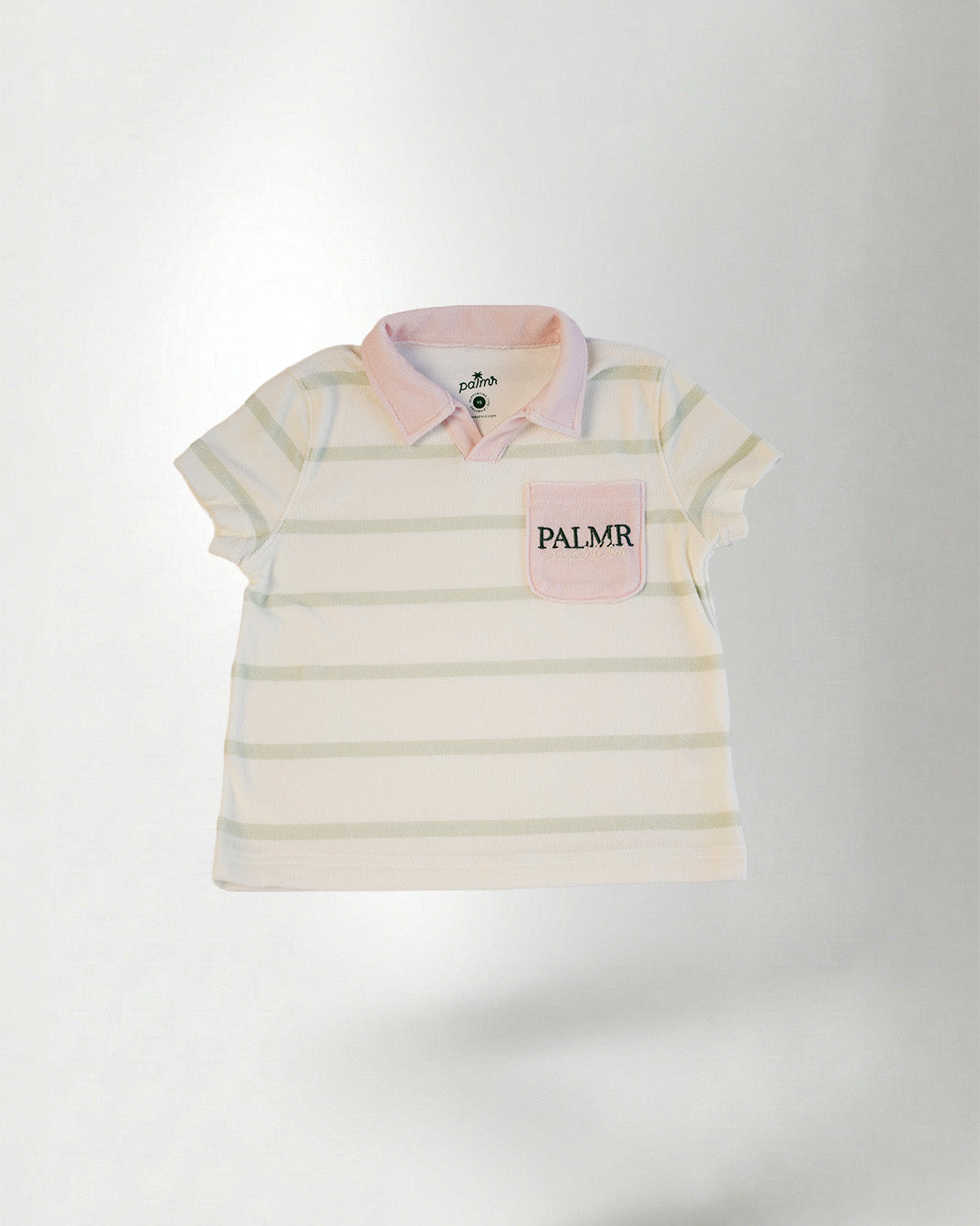 Striped polo shirt with 'Palmer' logo on a light gray background