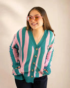 The Palm of My Heart Cardigan pink and cream striped cozy knitwear with embroidered patch and front pockets