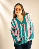 The Palm of My Heart Cardigan pink and cream striped cozy knit sweater with embroidered Palmr Social Club patch and front pockets