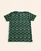 The Club Palm Polo in palm green with geometric diamond and palm tree pattern, white ribbed collar, perfect for casual and clubwear.