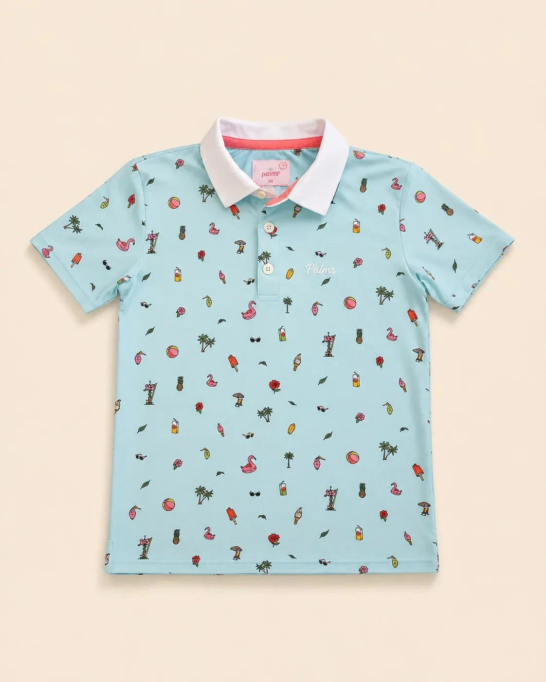 The Palmr Coastal Bay Kids Polo with teal base, white collar, and palm tree icons in athletic fit