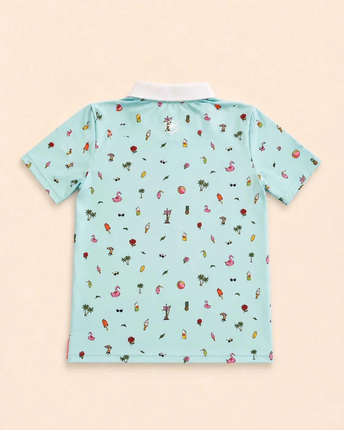 Kids wearing The Palmr Coastal Bay Kids Polo in teal with white collar and palm tree icons