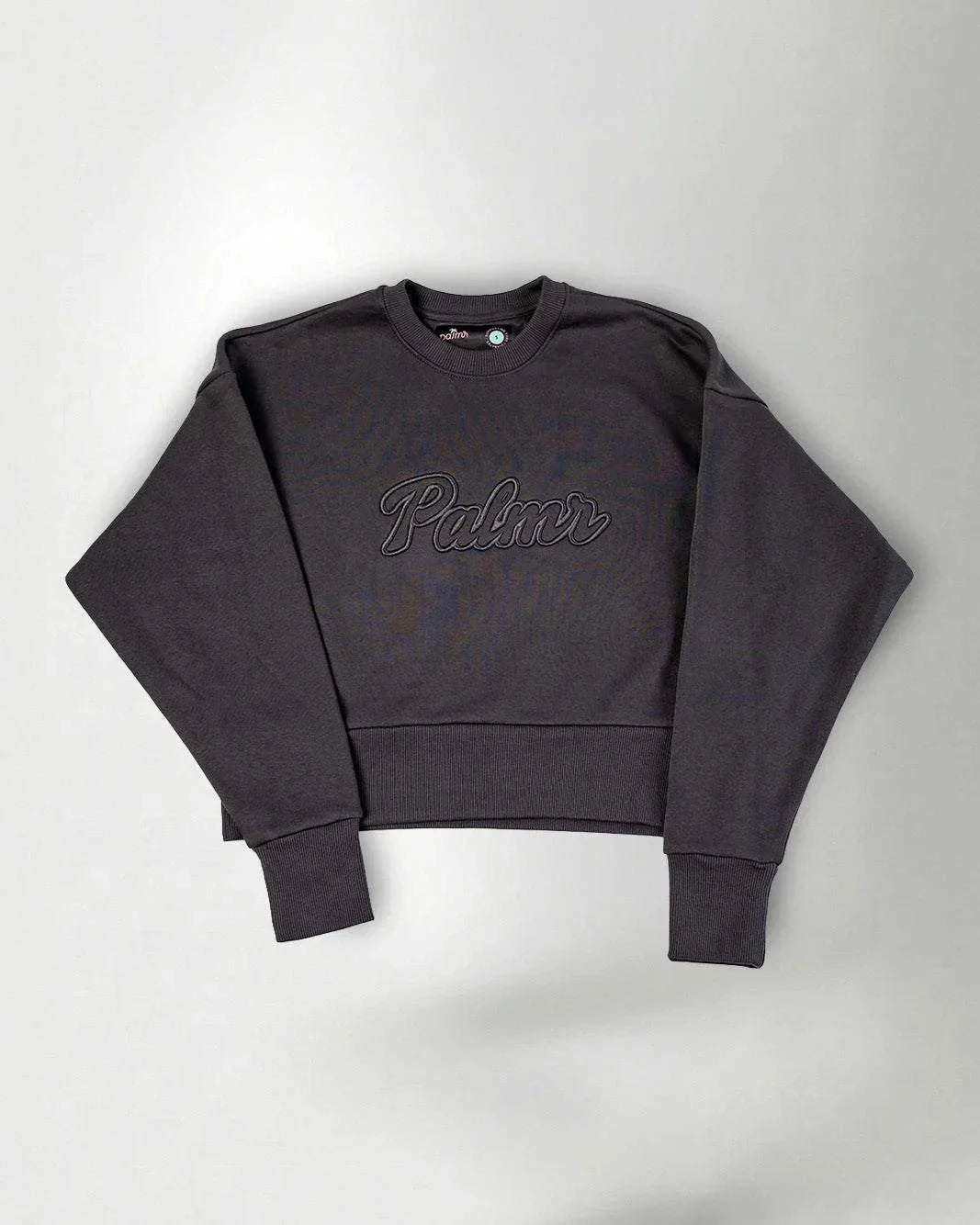 The Palmr Crew Sweatshirt in dark grey with 3D embroidered logo and relaxed cropped fit