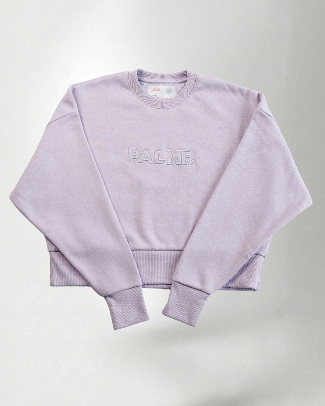 Lavender sweatshirt with 'PALM' branding, sunglasses, and a headband on a white background.