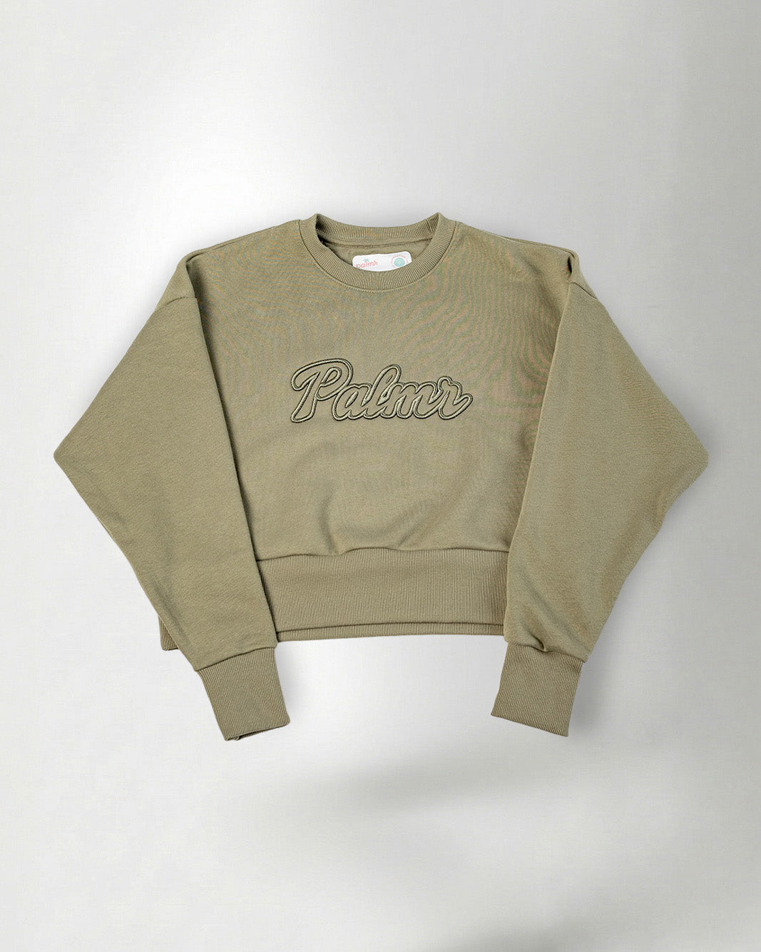 Green sweatshirt with 'Palmr' text on a plain background