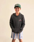 The Evening Palm Kids Hoodie dark heather grey with sunset graphic on back and Palmr logo front
