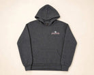 Child wearing The Evening Palm Kids Hoodie in dark heather grey with sunset graphic on back