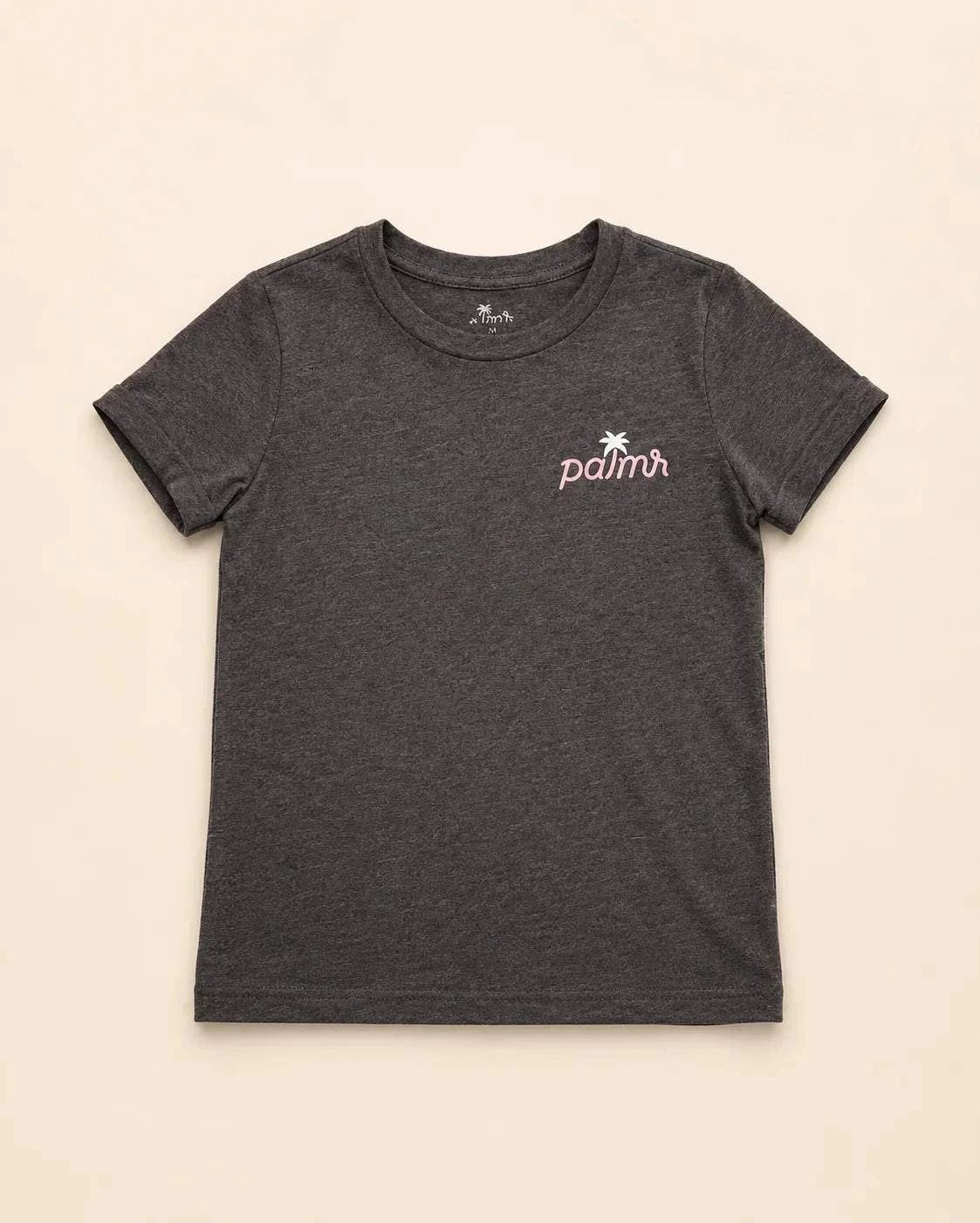 Black mineral wash Evening Palm Kids Tee with Palmr logo and beach sunset graphic back, soft heather cotton blend