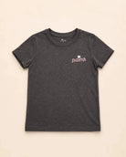 Black mineral wash Evening Palm Kids Tee with Palmr logo and beach sunset graphic back, soft heather cotton blend