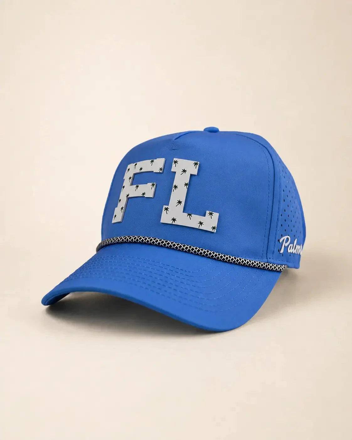 Blue FL Signature Hat with white silicone letters and palm design, structured rope front, water-resistant and breathable, known as The 407 Hat