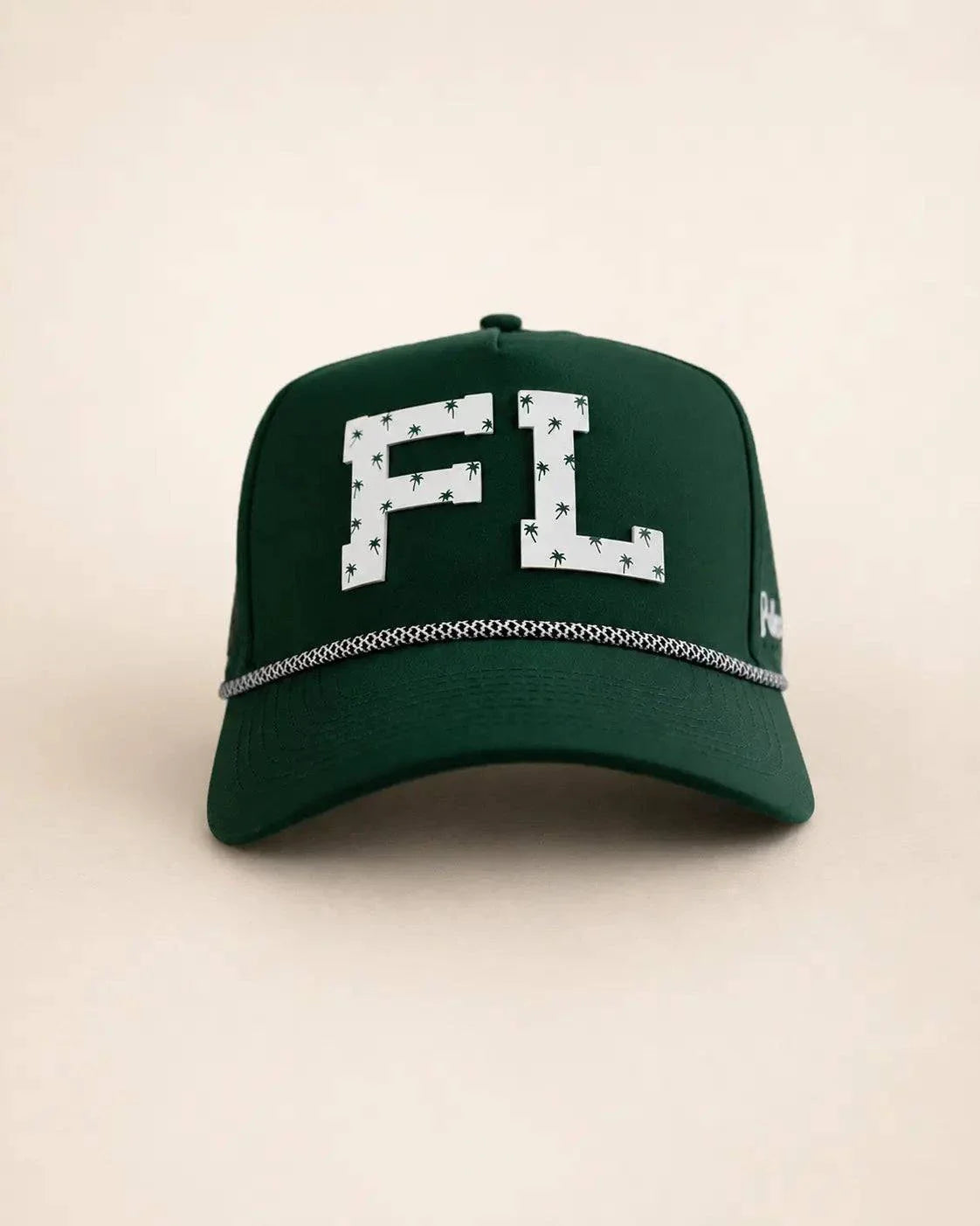 The FL Signature Hat in palm green with raised white FL letters and small palms, water-resistant and heat-ready