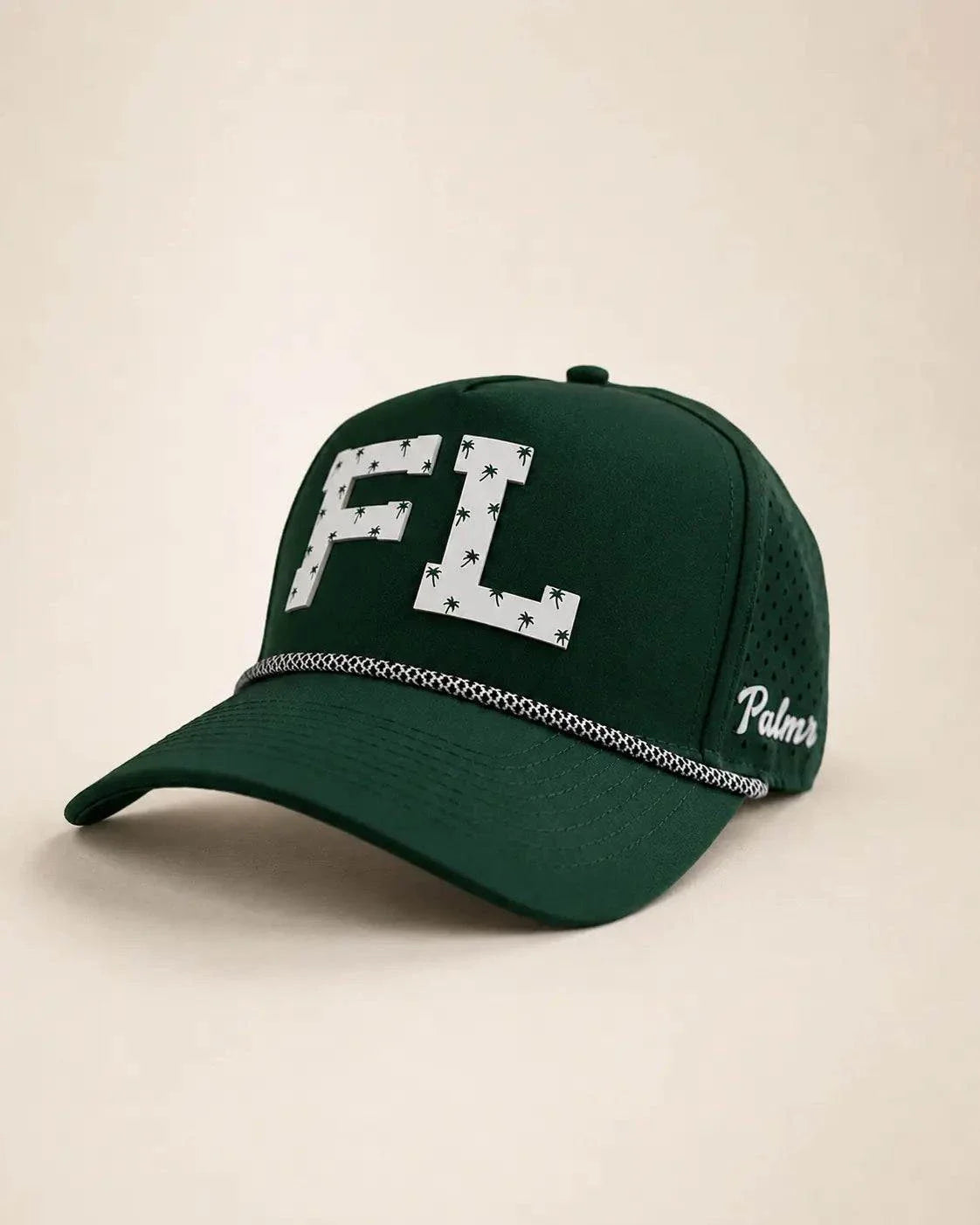 Green FL Signature Hat with raised white FL letters and small palms, water-resistant and heat-ready, perfect for Florida natives and transplants