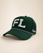 Green FL Signature Hat with raised white FL letters and small palms, water-resistant and heat-ready, perfect for Florida natives and transplants