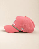 Pink FL Signature Hat with white Florida design and small palm accents, water-resistant and stylish for Florida heat, also known as The 407 Hat