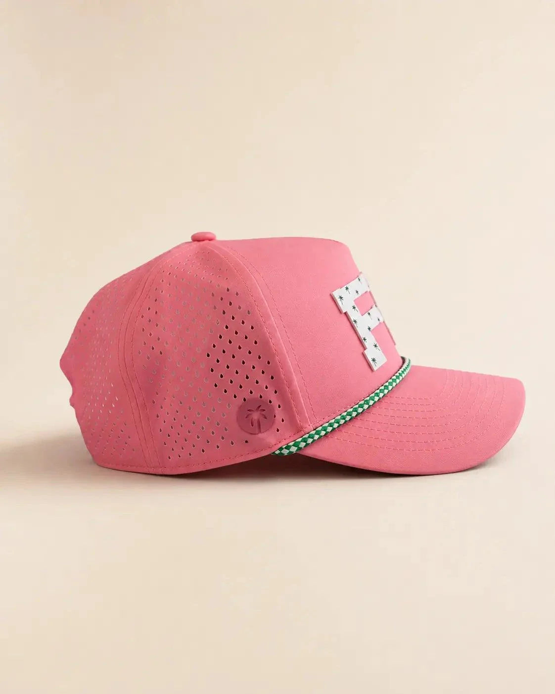 Pink FL Signature Hat with white Florida and palm design, water-resistant for Florida heat