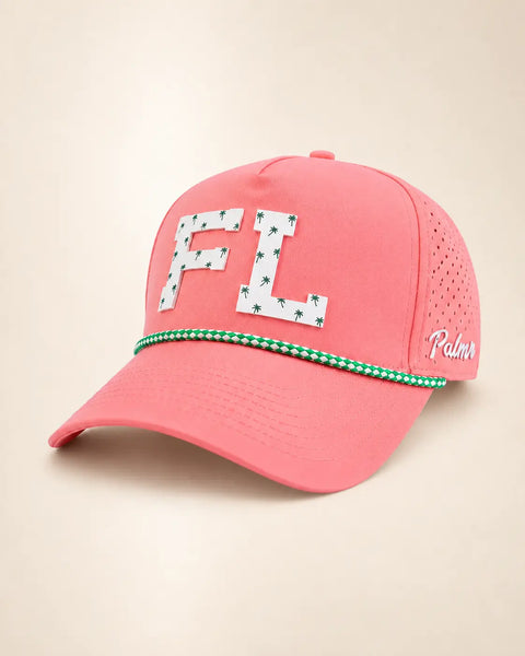 The FL Signature Hat (Pink): pink rope snapback, white FL with small green palm trees, green and white braided rope, perforated sides.