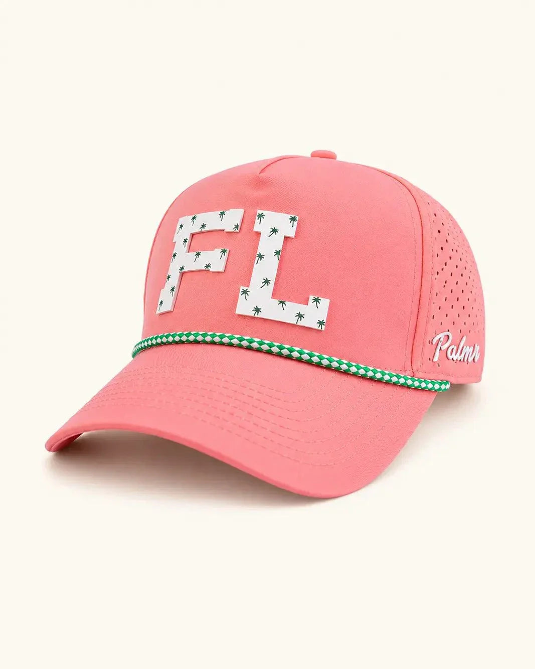 Pink FL Signature Hat with white Florida design and small palms, water-resistant and stylish for Florida heat, known as The 407 Hat