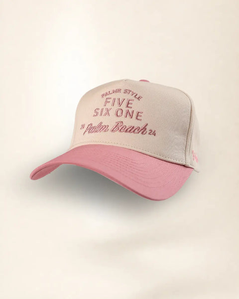 The Five Six One Palm Beach Heritage Hat (Pink): cream and pink two-tone, FIVE SIX ONE and 20 Palm Beach 24 embroidered in pink on the front.