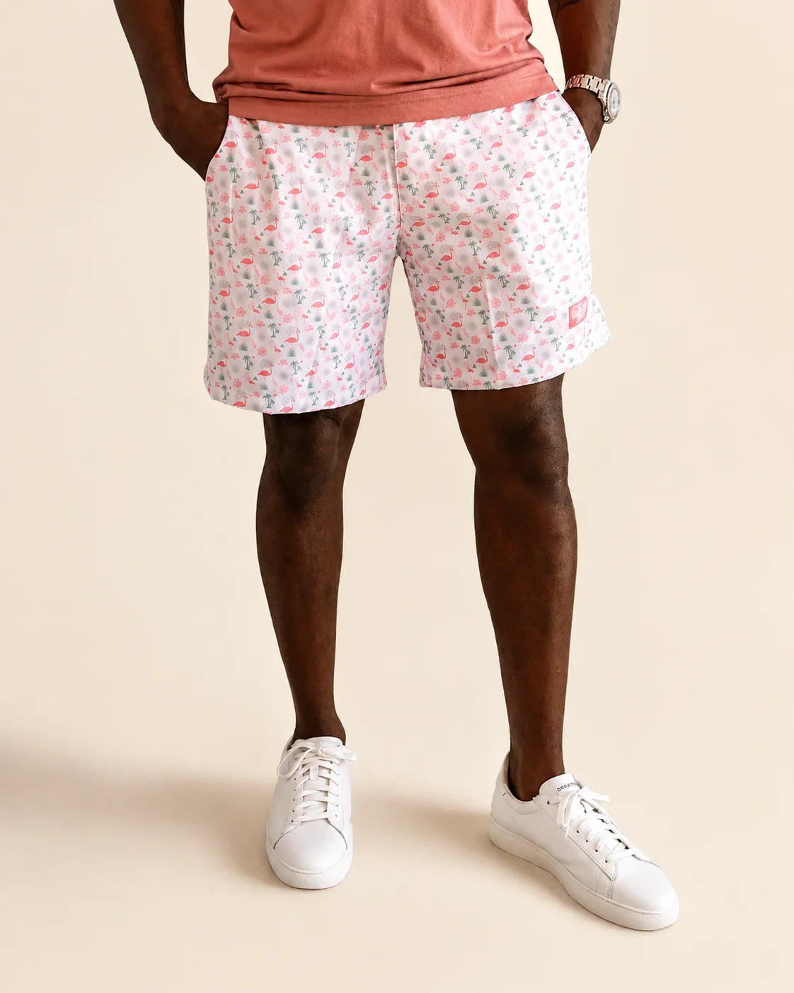The Flamingo Sunrise Hybrid Swim Shorts (T1D Pump Pocket Version): T1D-friendly t1d hybrid shorts | Palmr Style