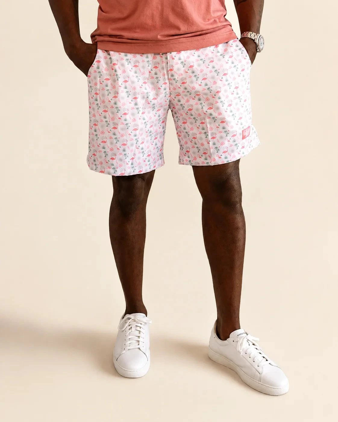 The Flamingo Sunrise Hybrid Swim Shorts (T1D Pump Pocket Version): T1D-friendly t1d hybrid shorts | Palmr Style